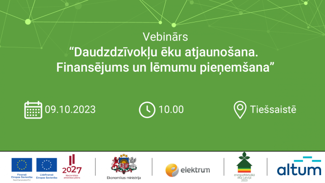 Plakāts par vebināru, kas veltīts daudzdzīvokļu ēku atjaunošanai
