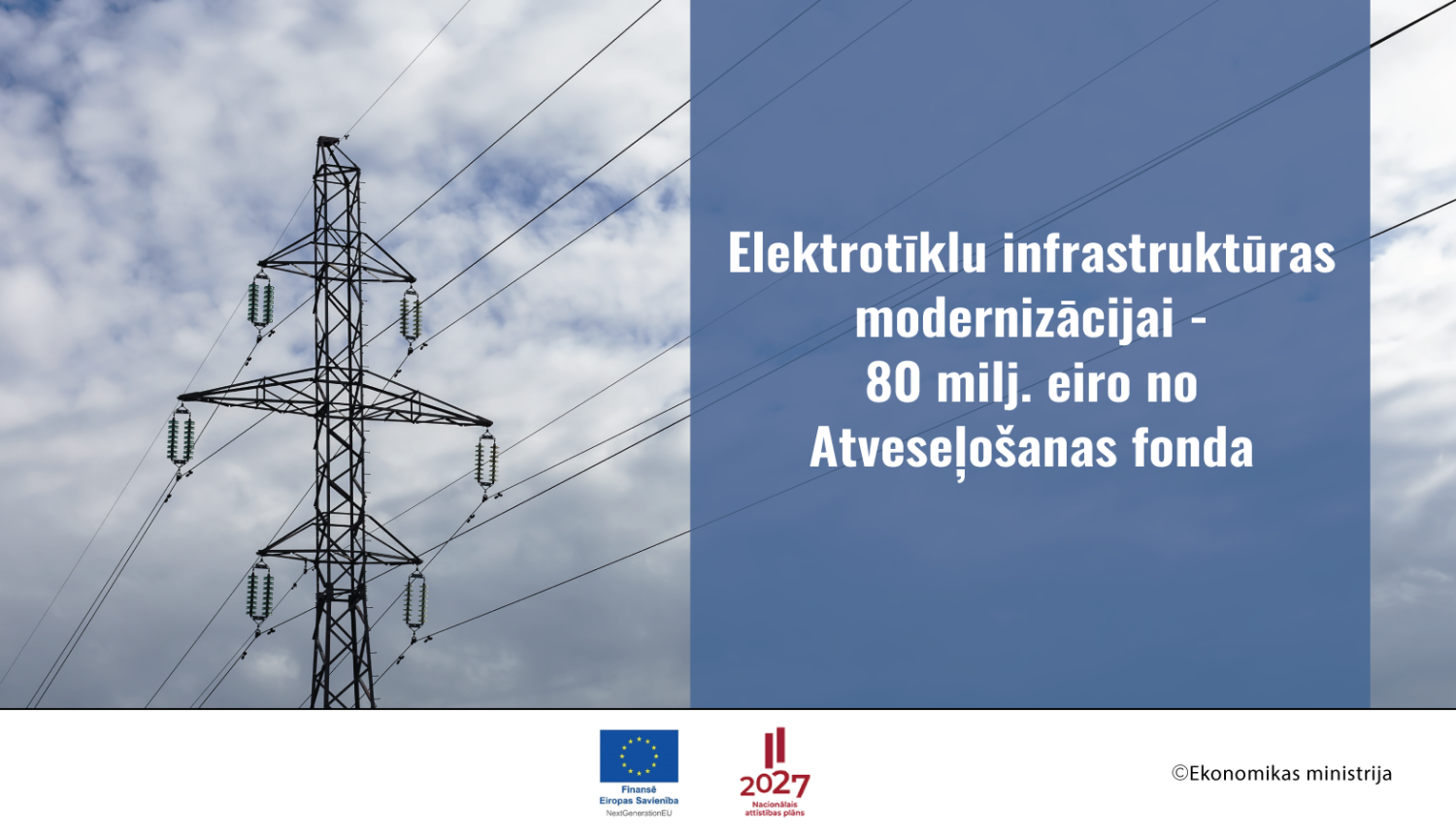 Elektrolīnijas vadi un teksts Elektrotīklu infrastruktūras modernizācijai - 80 milj.EUR no Atveseļošanas fonda