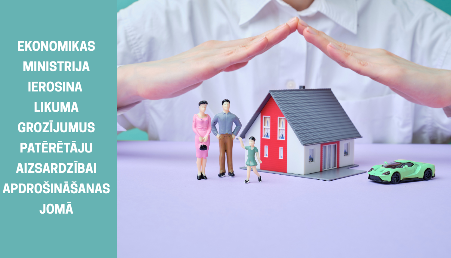 Vizualizēta ģimene ar māju un mašīnu, kas apdrošinājusies