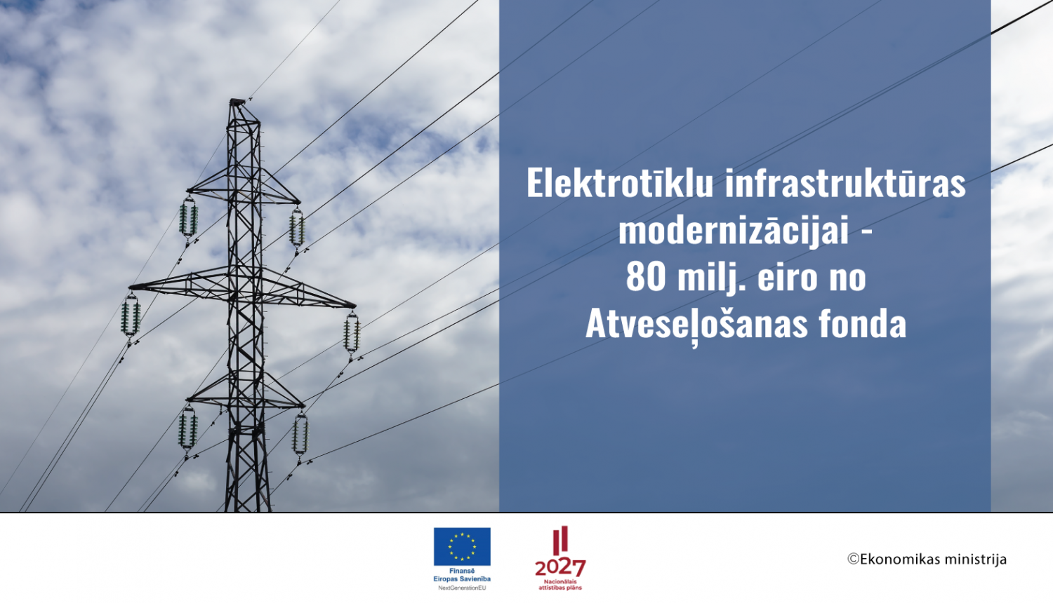 Elektrolīnijas vadi un teksts Elektrotīklu infrastruktūras modernizācijai - 80 milj.EUR no Atveseļošanas fonda
