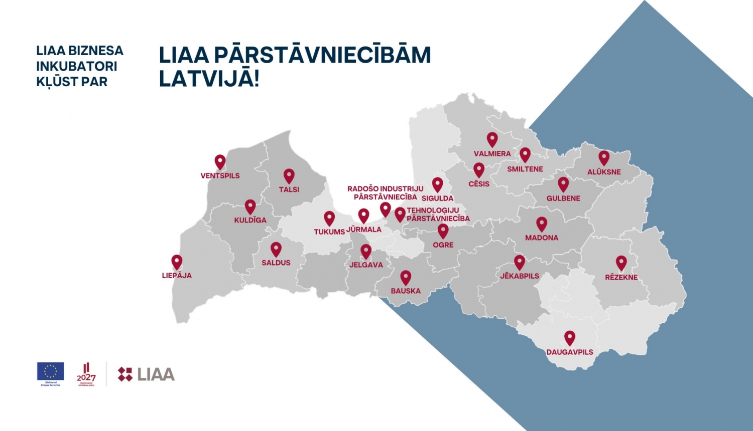 LIAA pārstāvniecību atzīmes Latvijas kartē